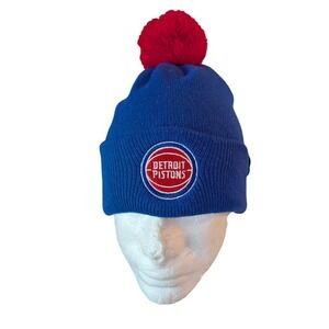 Detroit Pistons NBA Knit Beanie Hat Blue Red Pom Pom Cuffed One Size